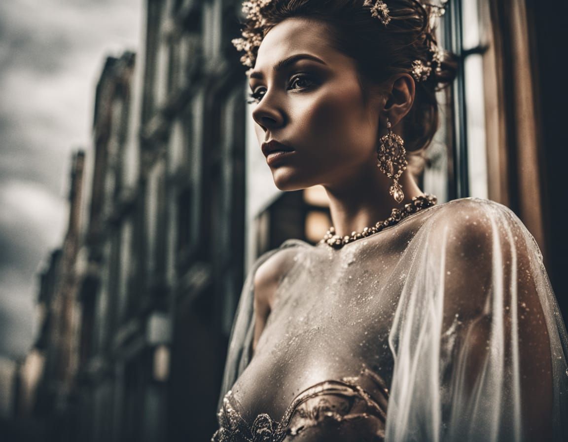 Model in Frosted Glass Dress, Cinematic Style