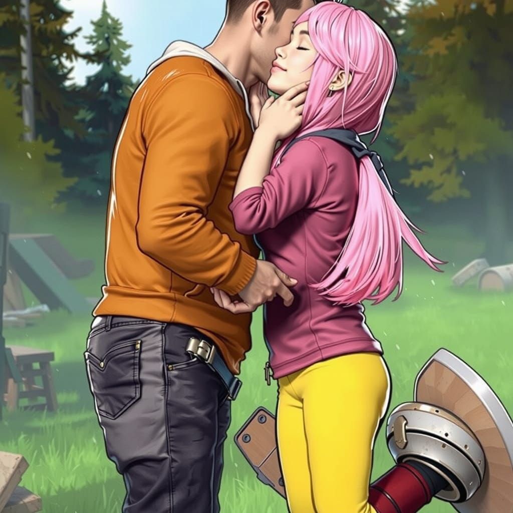 Pink-Haired Woman Kisses Villager, Art Nouveau Style