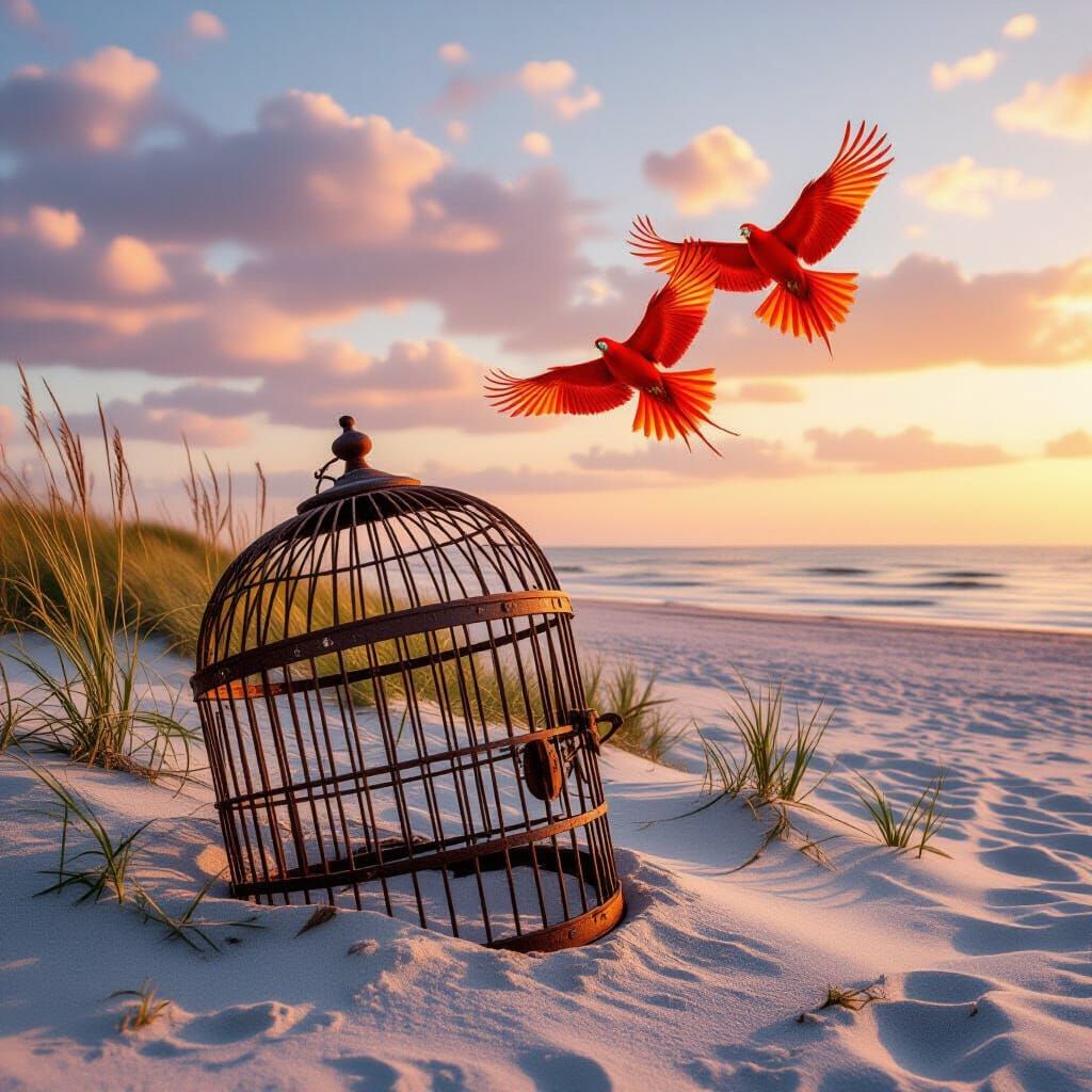 Majestic Firebirds Soar Free From Broken Birdcage