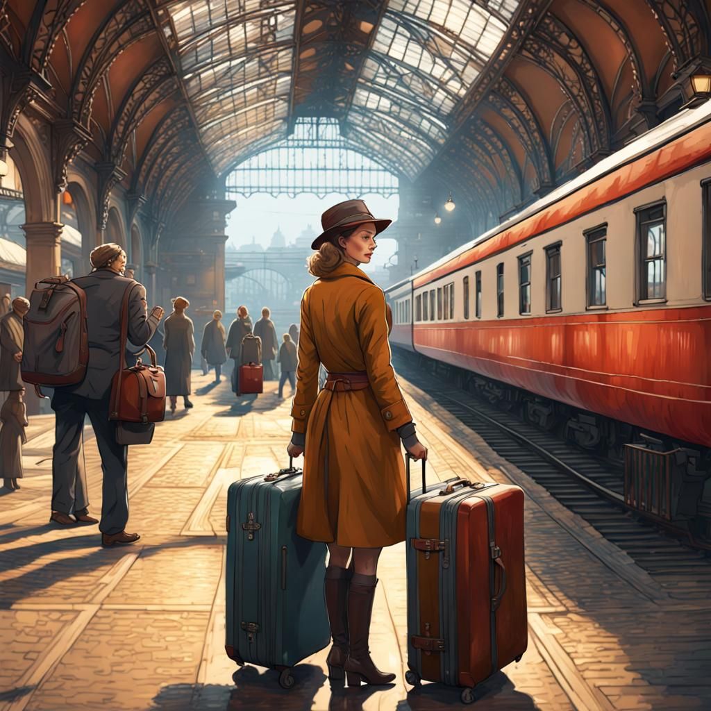 Woman Boarding Train at European Station in Ink Art Style