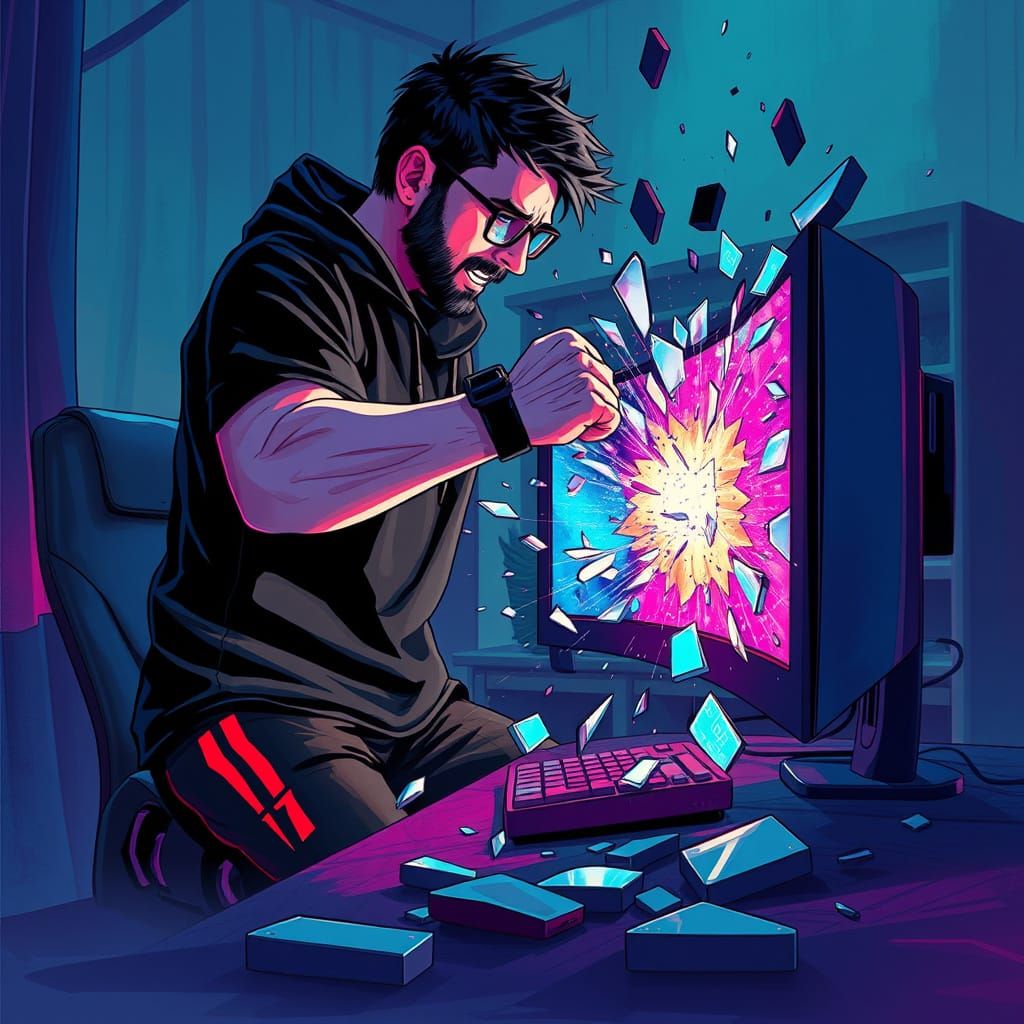 Frustrated Gamer in Cyberpunk Digital Art Style