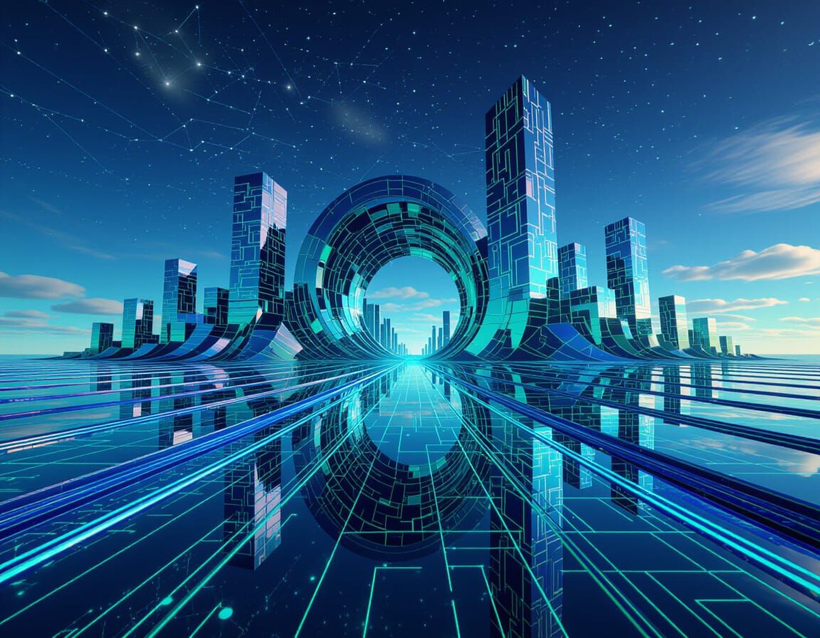 Abstract Liquid Chrome Architecture in Glowing Neon Landscap...