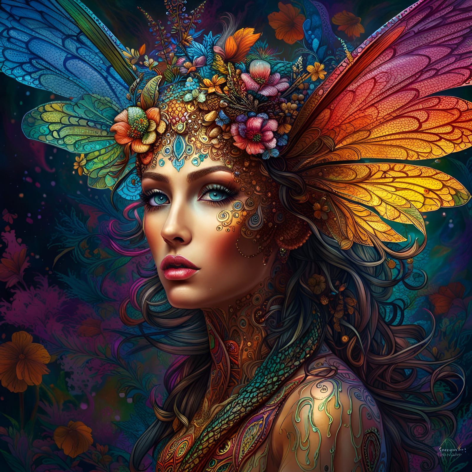 Forest Fairy with Dragonfly Wings, Pointillism Art