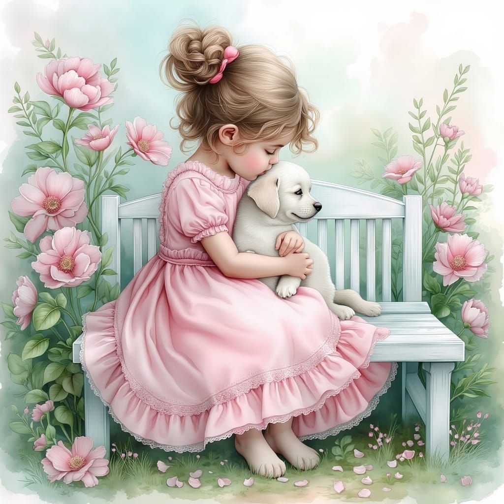 Girl with Puppy in Pastel Garden, Watercolour Style