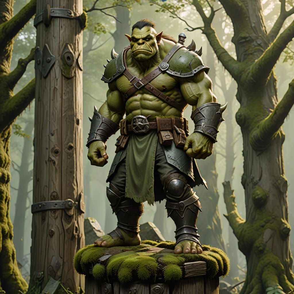 Moss Green Orc on Wooden Pillar in Gi