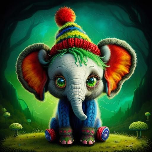 Wooly Baby Elephant with Chibi Eyes in Vibrant Fantasy