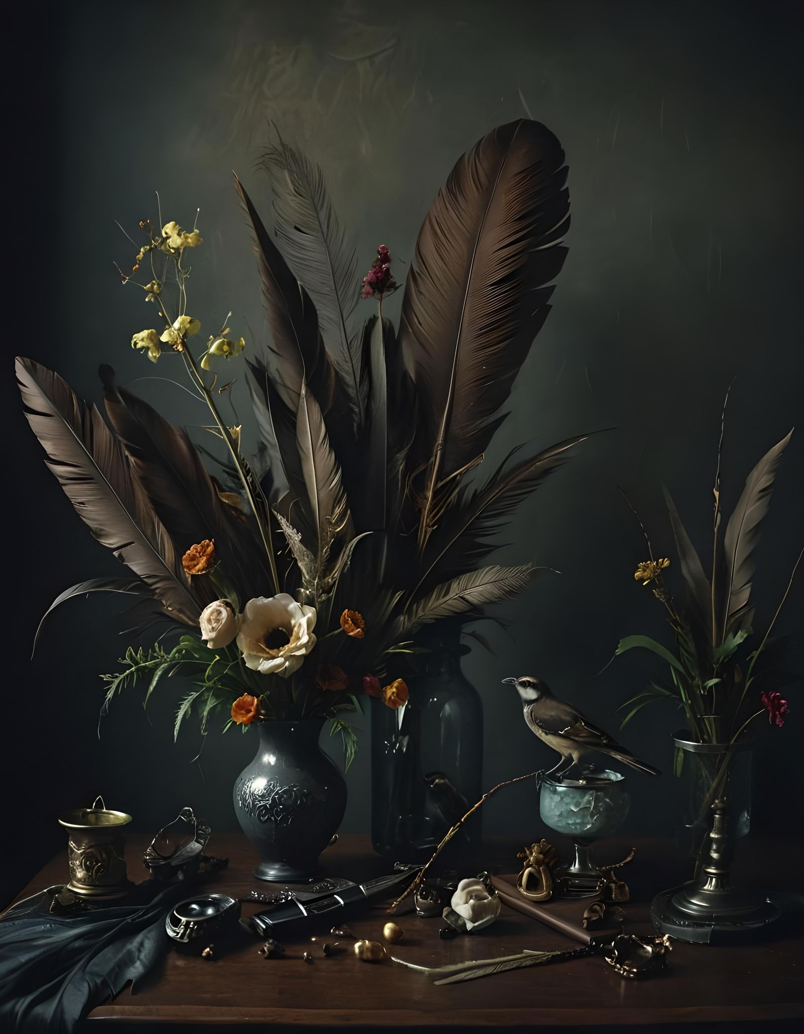 Surreal Still Life with Flowers and Bird Feathers