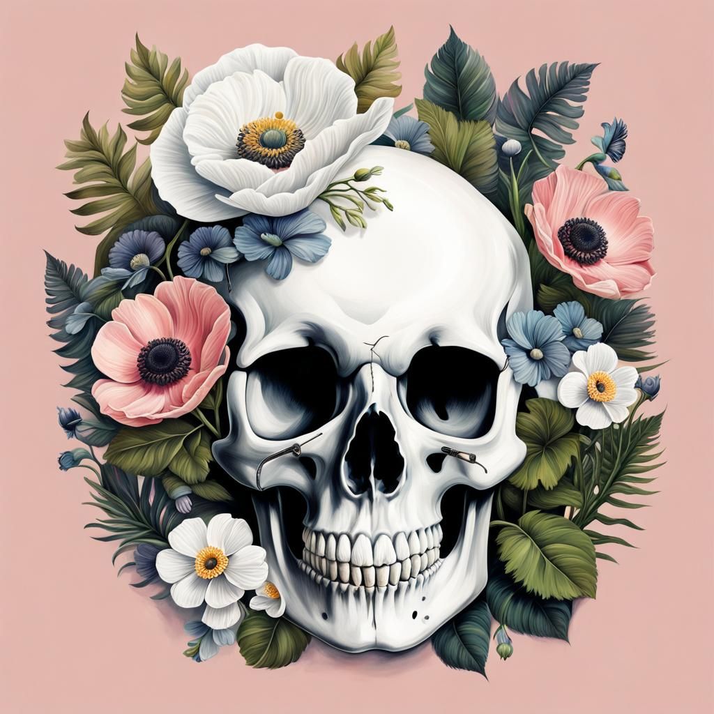 Skull with Art Supplies and Anemones Illustration
