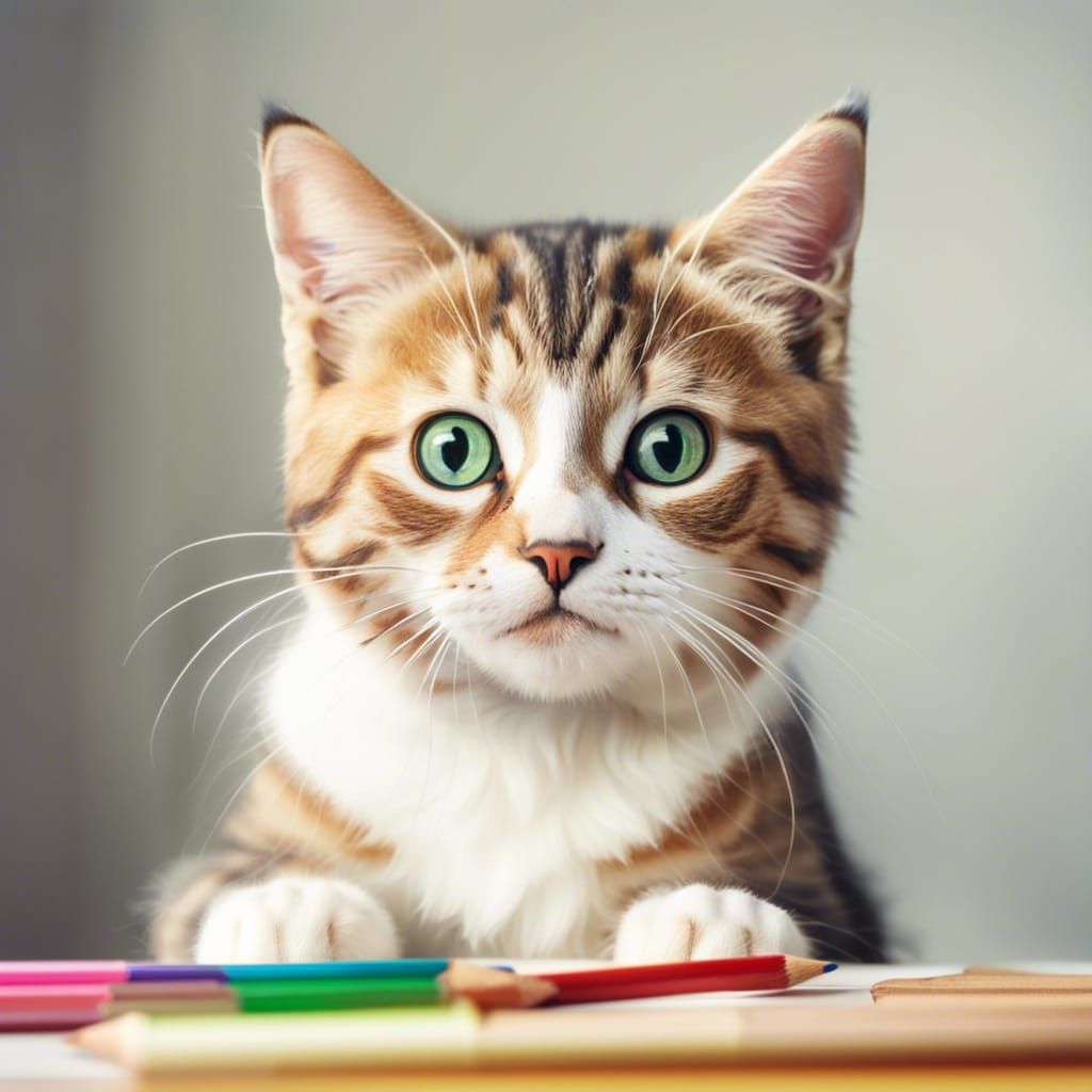 Child's Drawing of a Cat in Colored Pencil