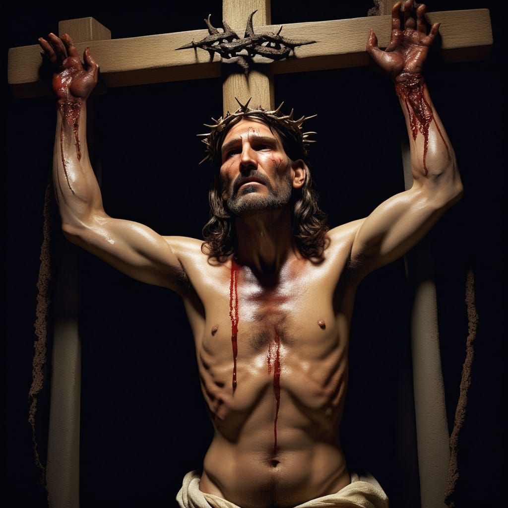 Realistic Portrait of Jesus Christ on the Cross with Crown o...