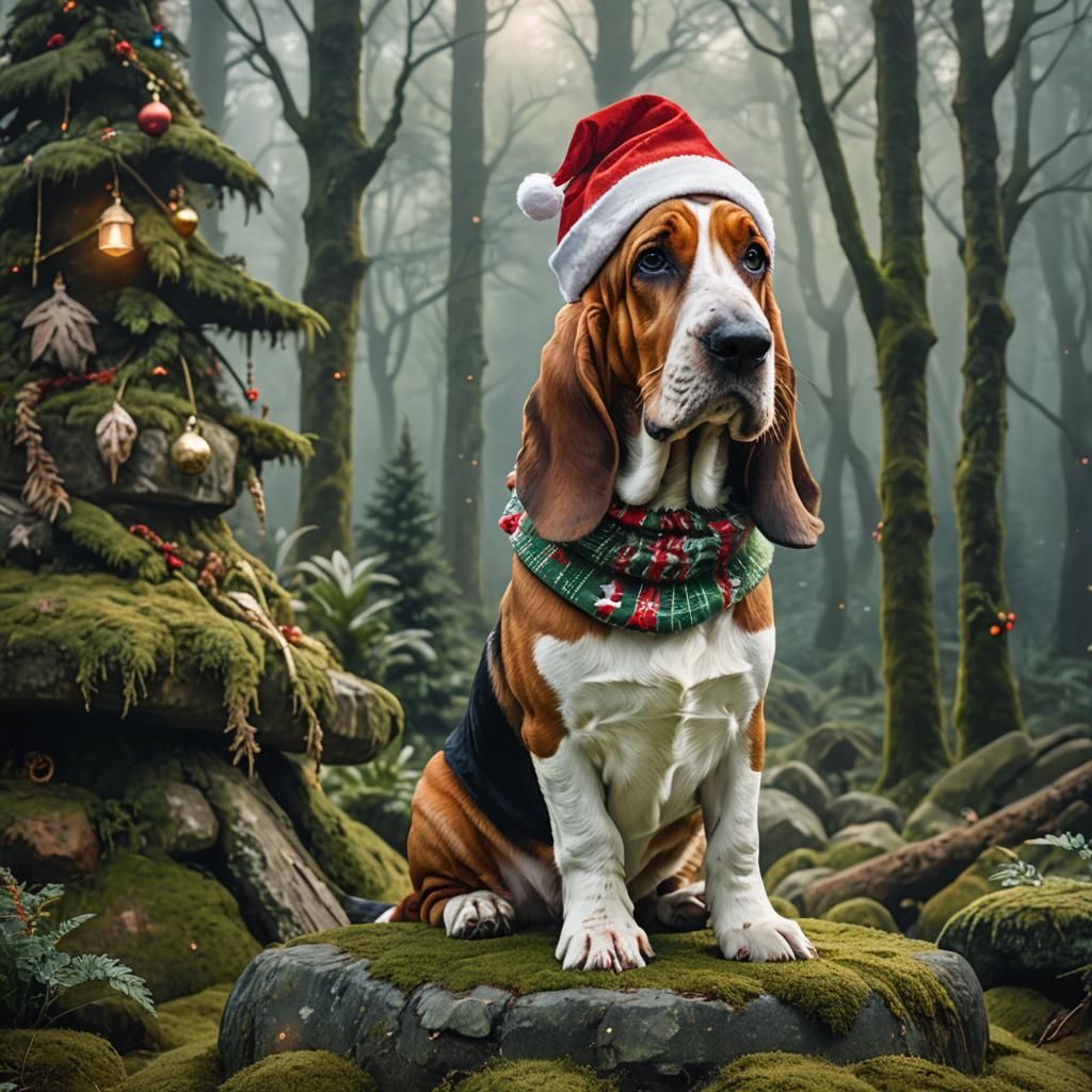 Festive Basset Hound in Magical Christmas Forest