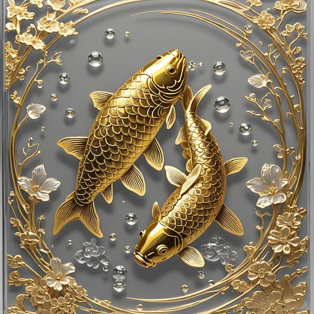 Twin Carp Fish Lucky Sign in Gold Laser Crystal