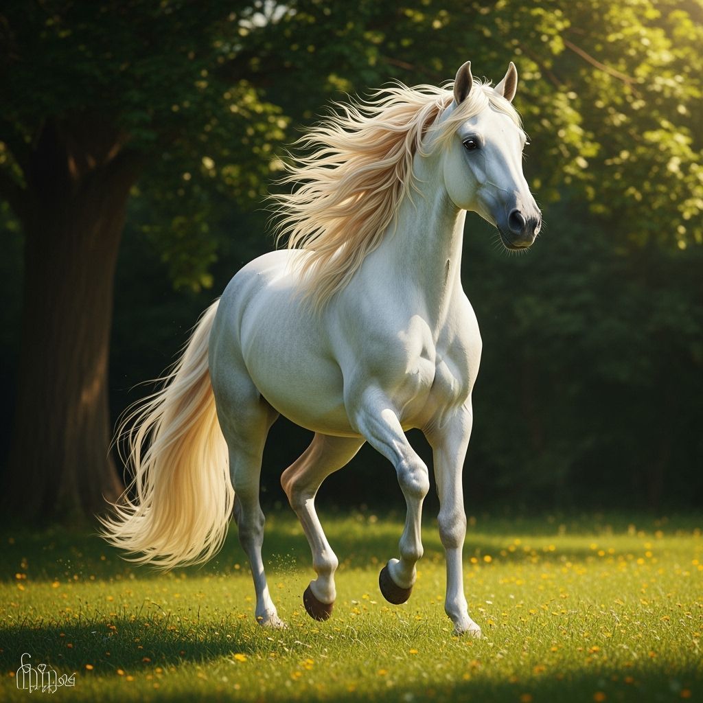 Majestic White Horse Portrait in Lush Meadow