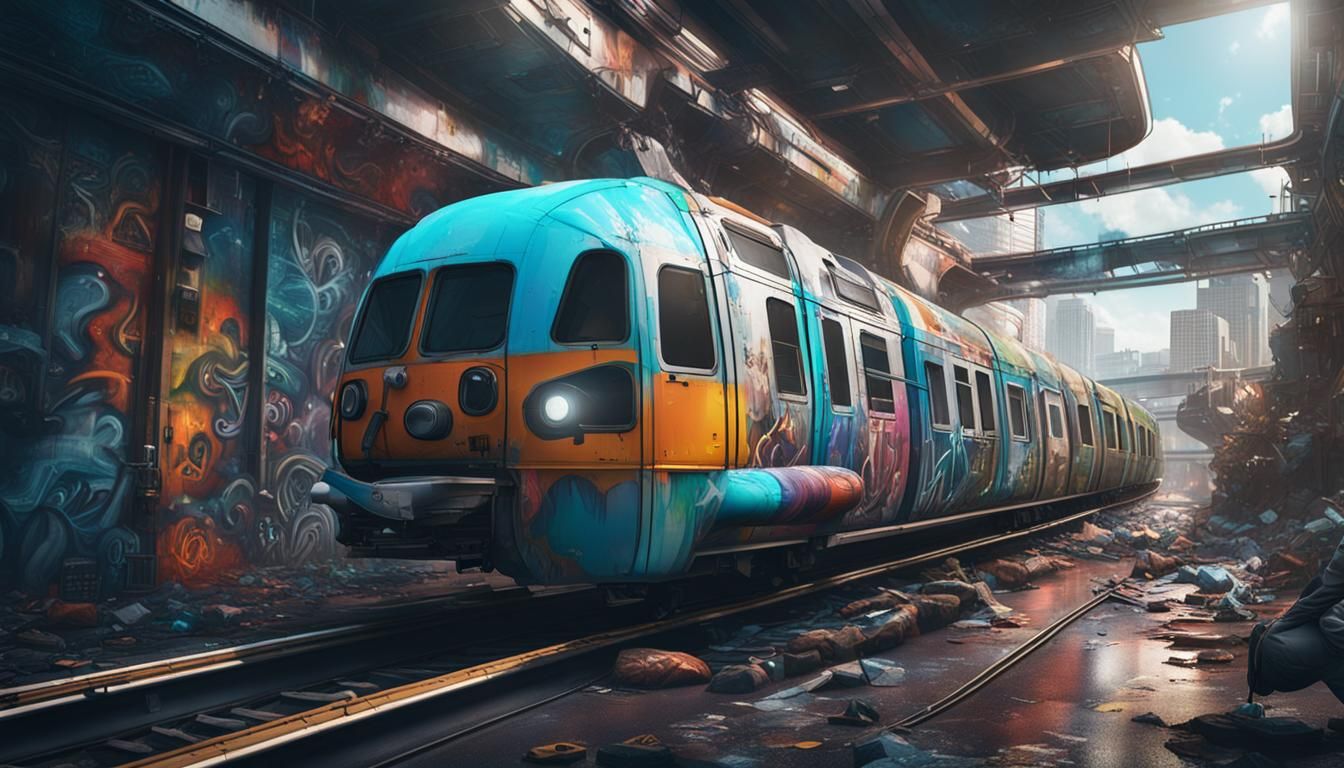 Pilot Graffiti Art on Monorail in Dystopian City