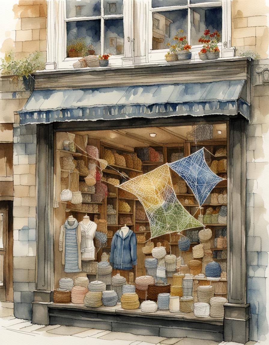 Knitted Kite in Shop Window: Watercolour Drawing
