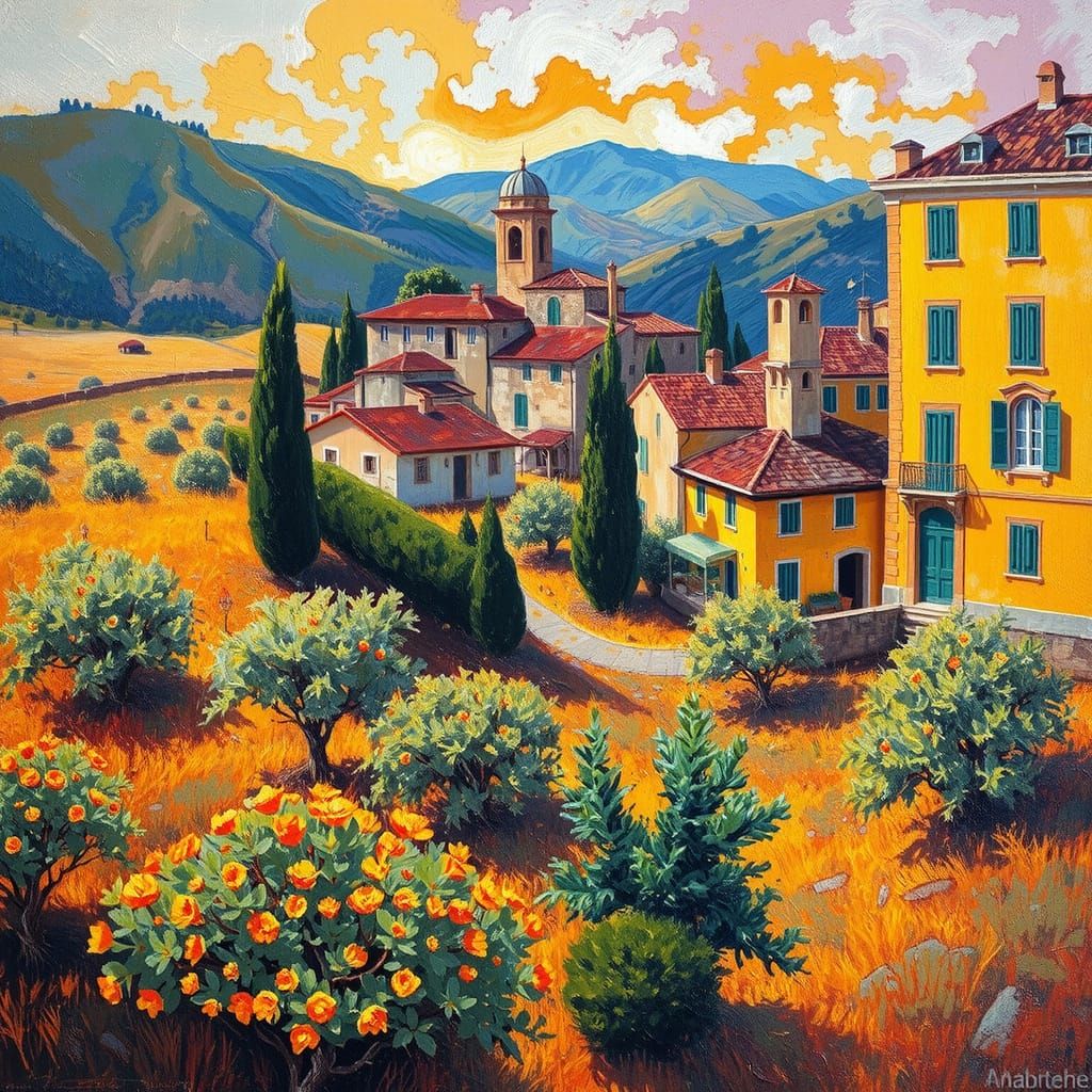 Vibrant Italian Summer Landscape in Neo-Impressionist Style