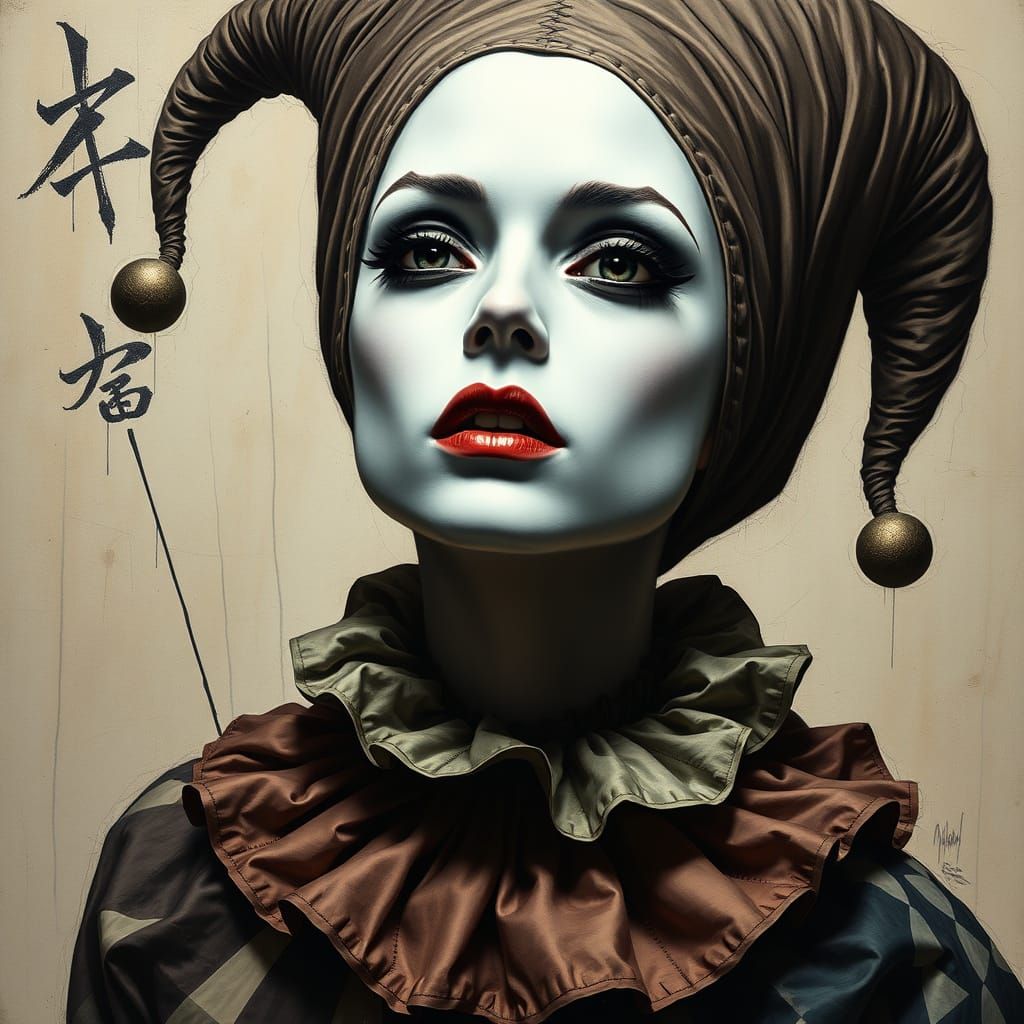 Haunting Harlequin Woman in Jewel-Toned Jogakbo Costume