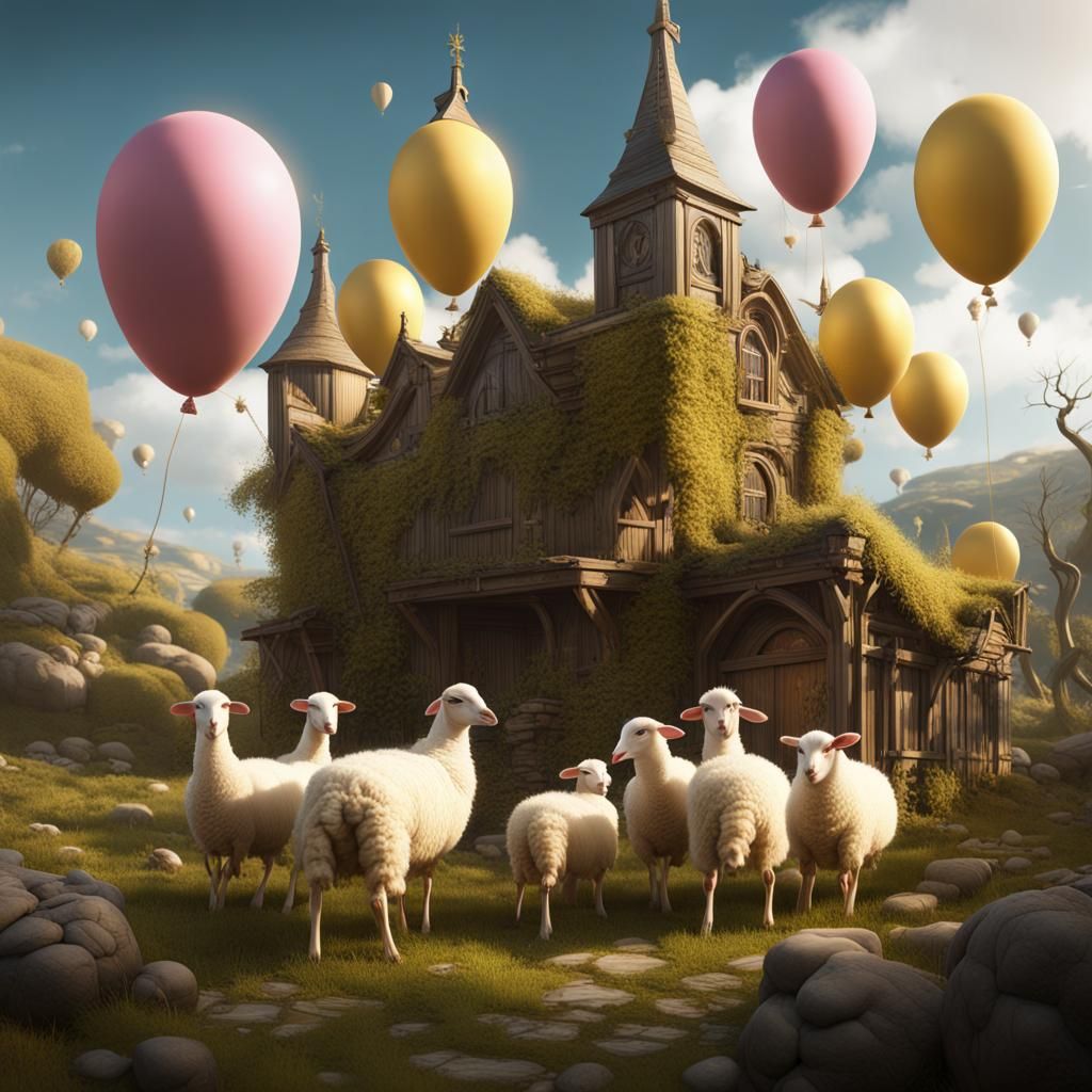 Golden Balloons and Sheep in Fantastical Landscape