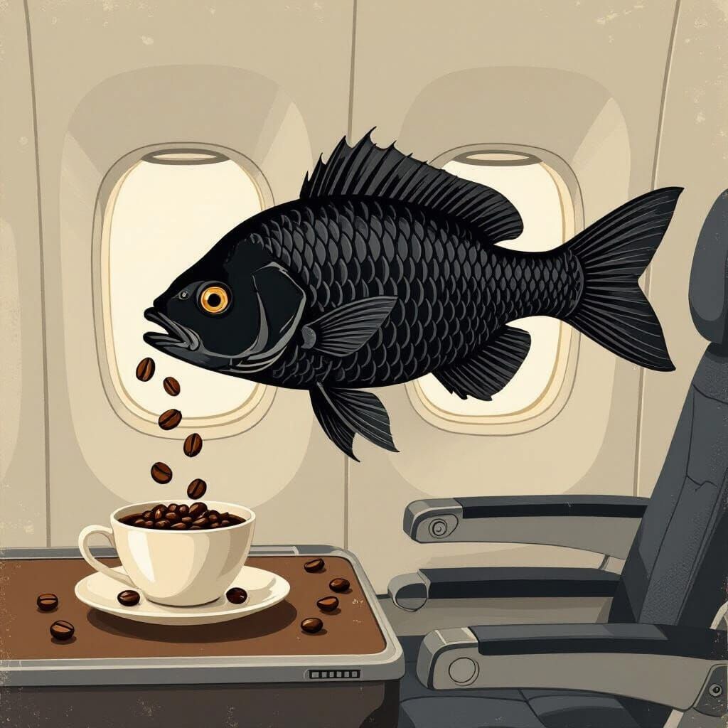Fish Eats Coffee in Airplane: Realistic Style