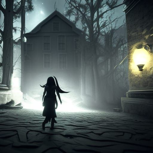 Dark House at Night with Shadow Figure in 3D