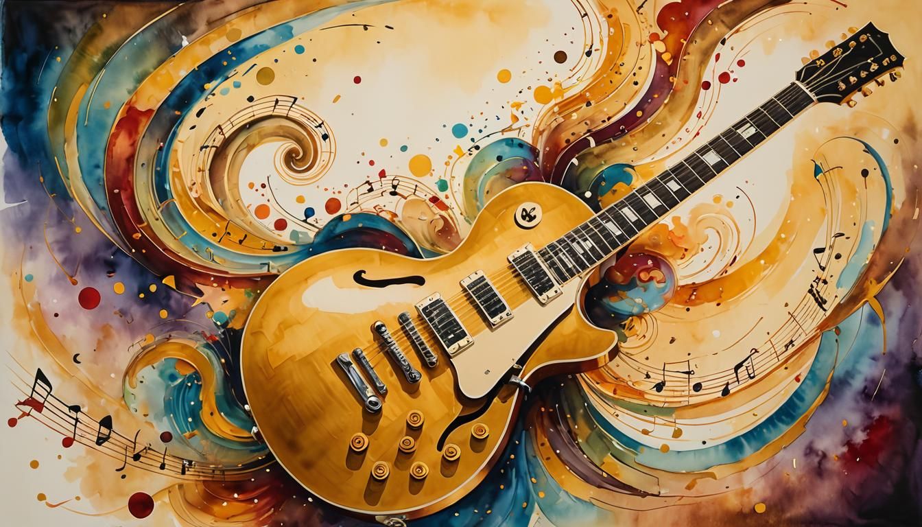 Golden Guitar in Abstract Expressionist Watercolor