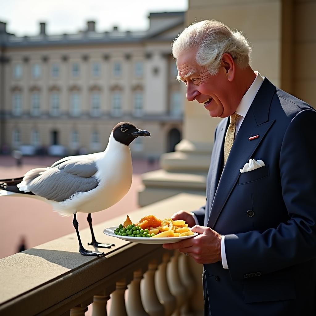 King Charles Shares Fish and Chips with Seagull