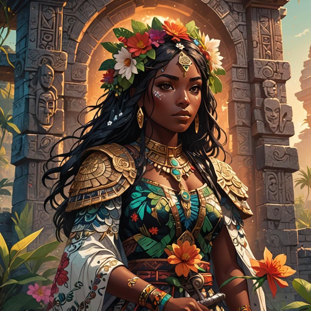 Anime Girl with Obsidian Sword in Mayan Ruins