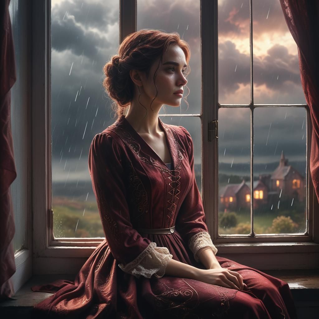 Fantasy Young Woman by Rainy Window in Richly Detailed Scene