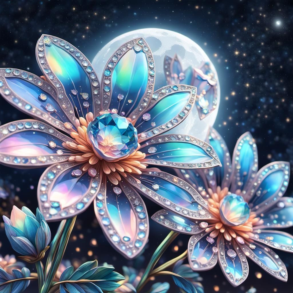 Iridescent Flowers with Crystals under Starry Night