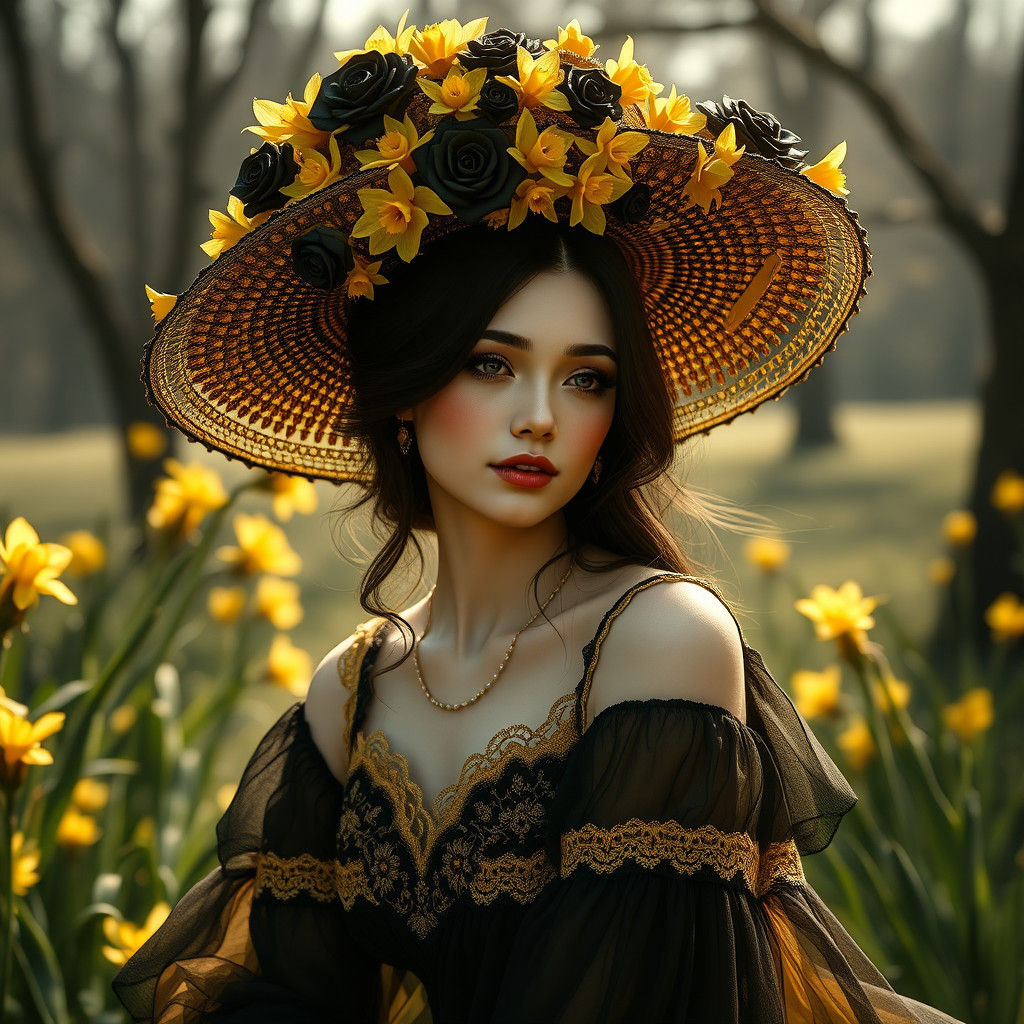 Woman with Beehive Hat in Lush Park Setting