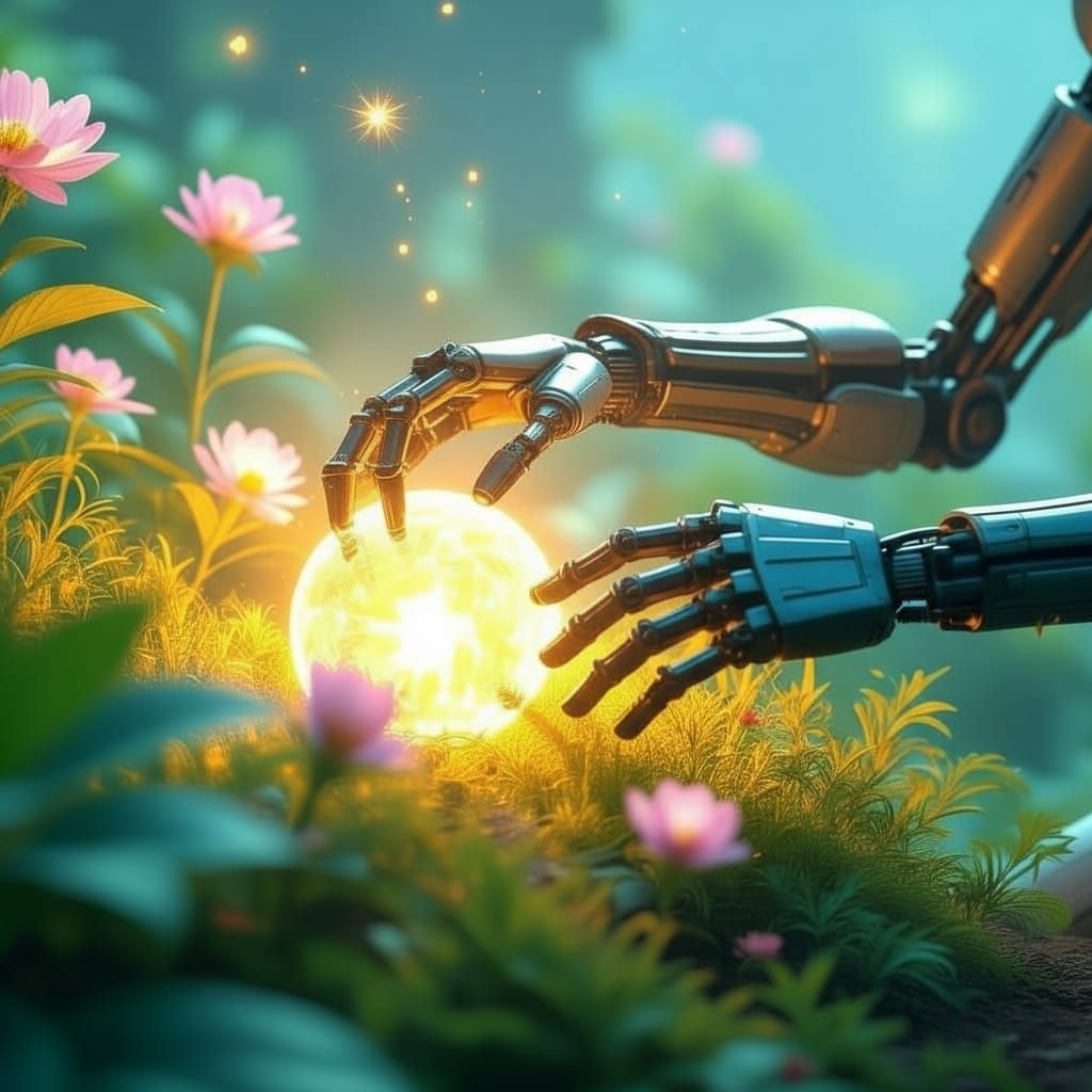 Automaton's Bioluminescent Garden: Painterly Sci-Fi Scene