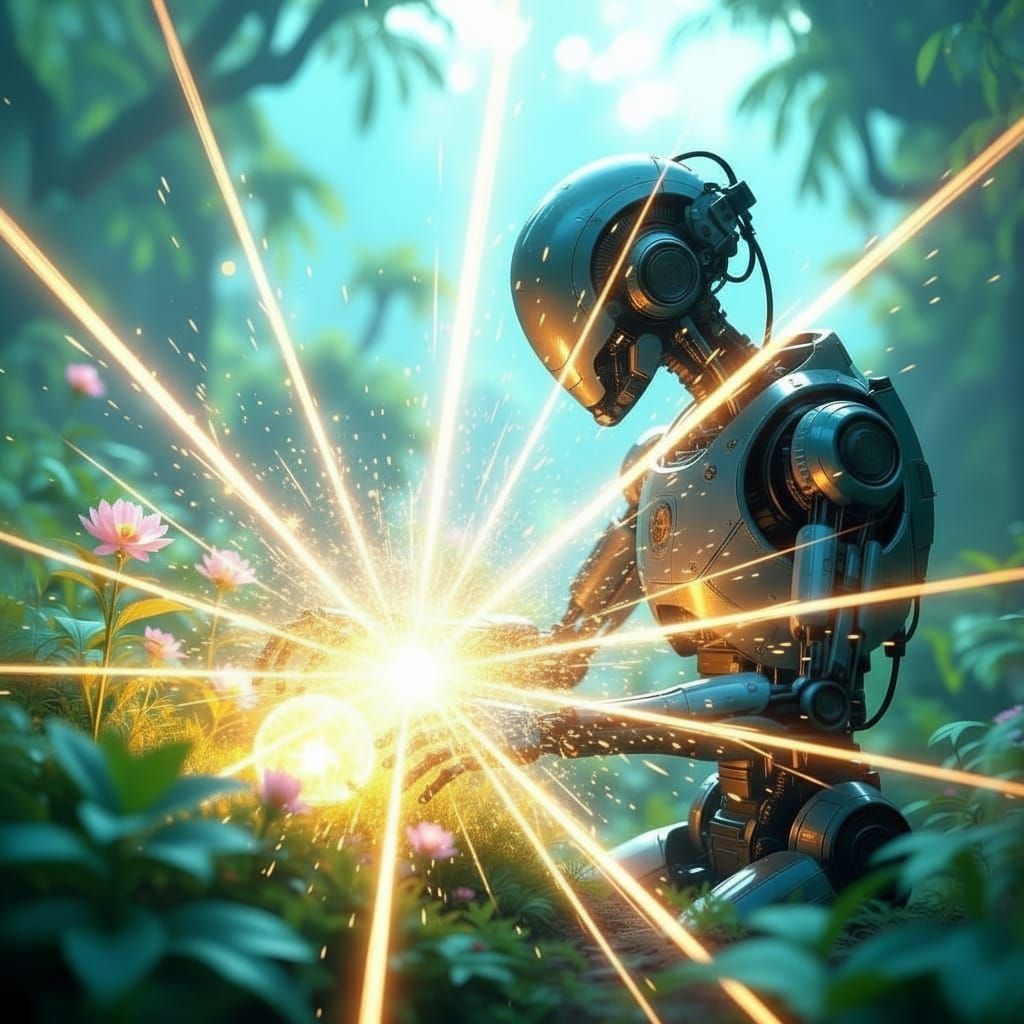 Automaton's Bioluminescent Garden: Painterly Sci-Fi Scene