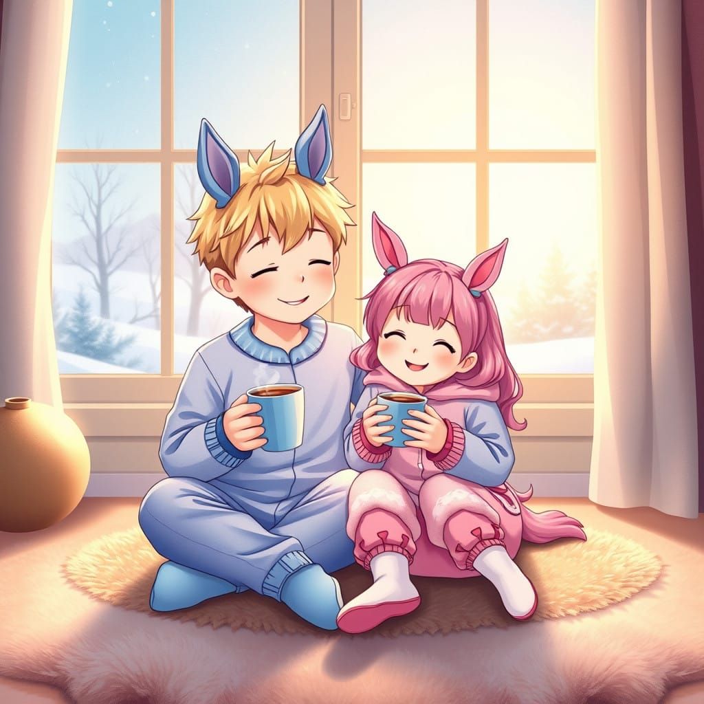 Boy and Sister Share Cozy Winter Morning Moment