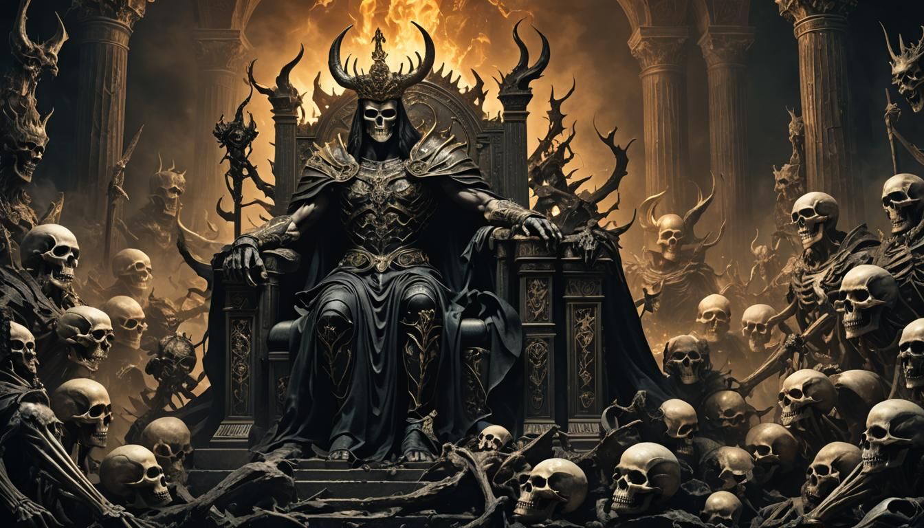 God of Underworld Hades sitting on a throne made of bones, s...