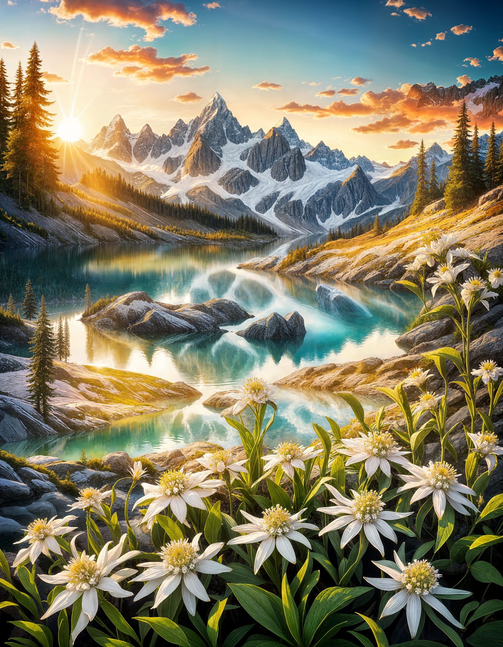 Swiss Alps Sunset: Serene Lake and Edelweiss Flowers