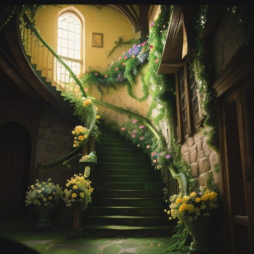 Vibrant Staircase with Vines in Cinematic Style