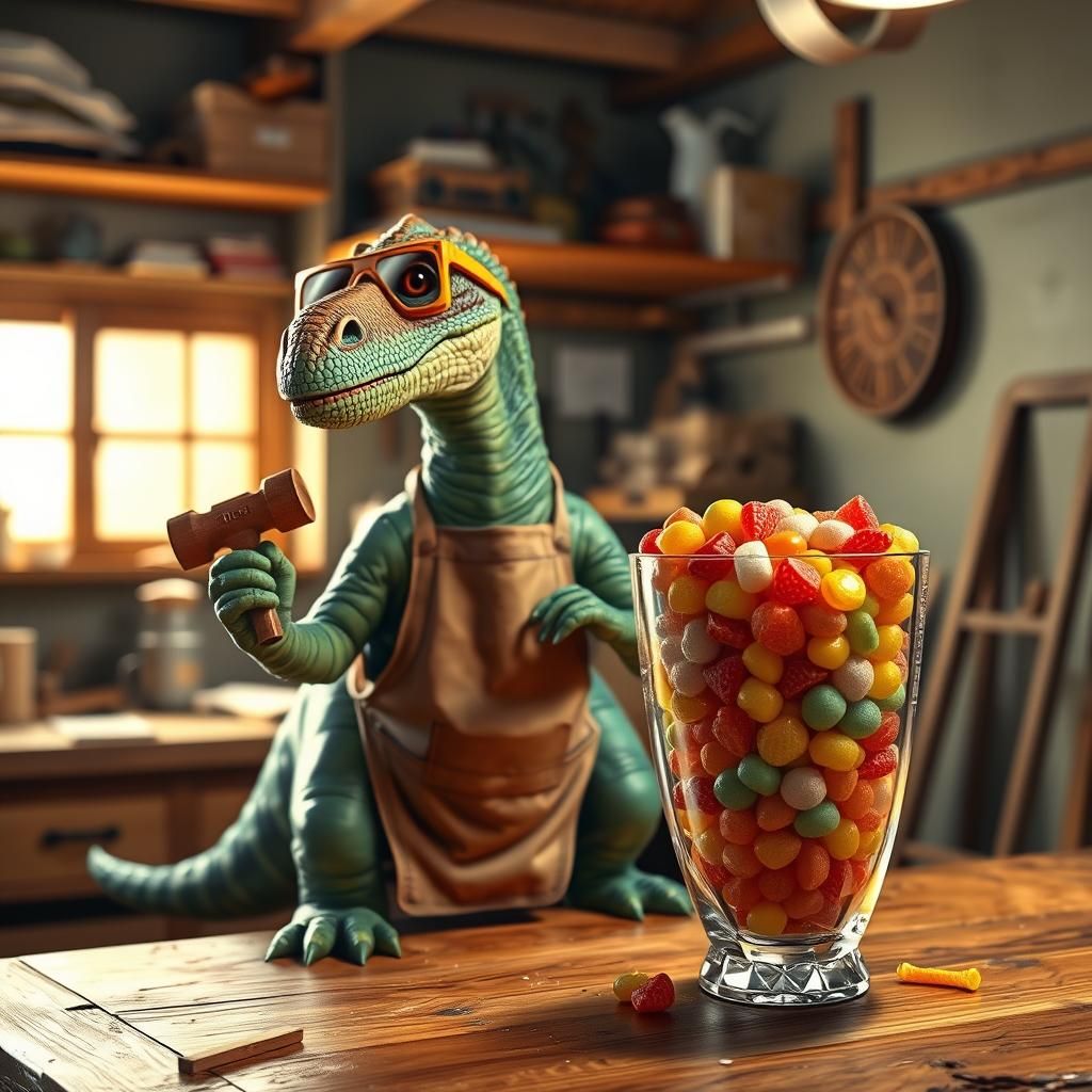 Fatherly Apatosaur in Workshop: Hyperrealistic Digital Art