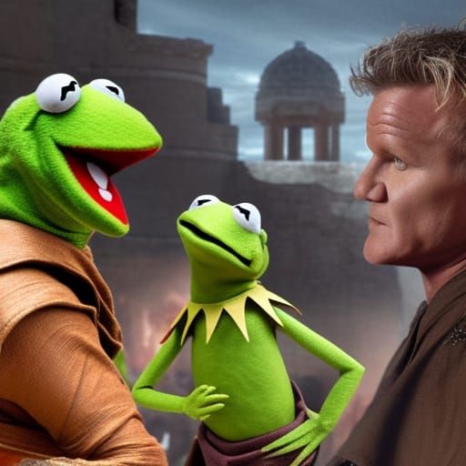 Kermit the frog getting ready to battle Gordon Ramsay in Gladiator the movie.