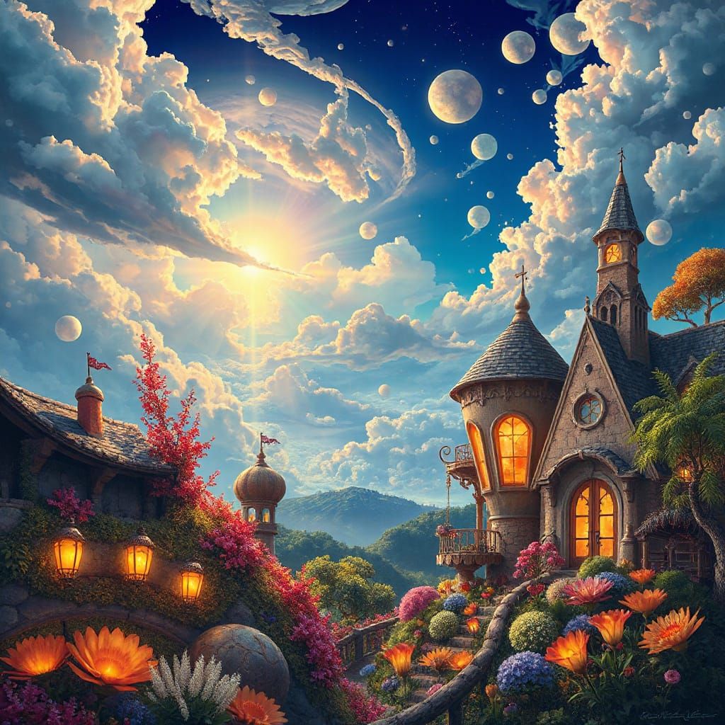 Magical Dreamscape With Swirling Clouds and Glowing Flora