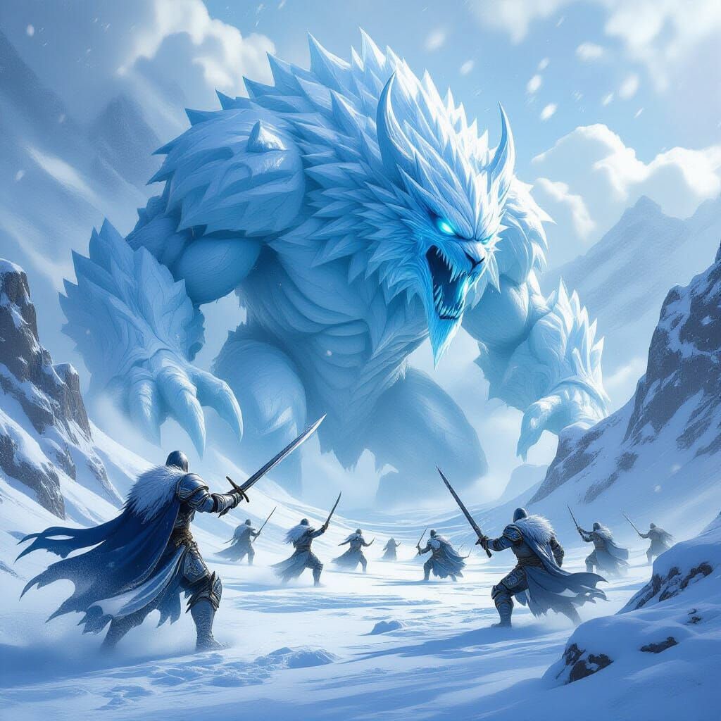 Knights Battle on Frozen Field with Ice Beast Sculpture