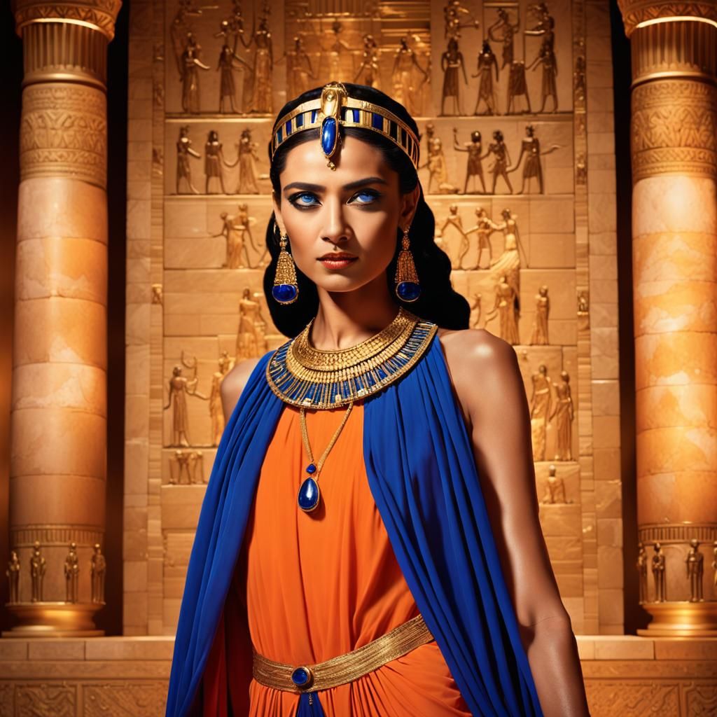 Cleopatra in Modern Gown with Egyptian Backdrop