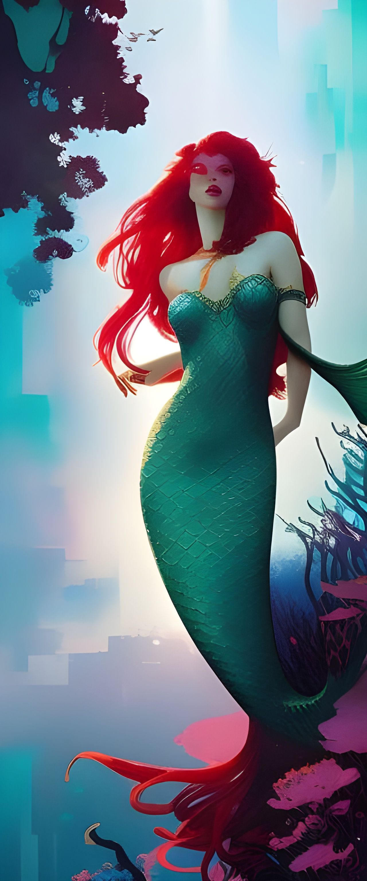 Sunlit Red-Haired Mermaid in Digital Matte Painting Style