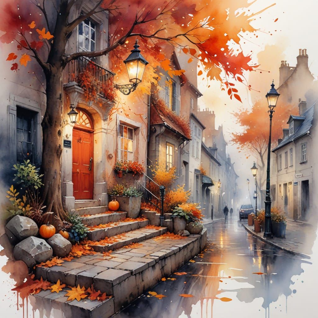 Autumn Cobblestone Street Scene in Watercolor Style