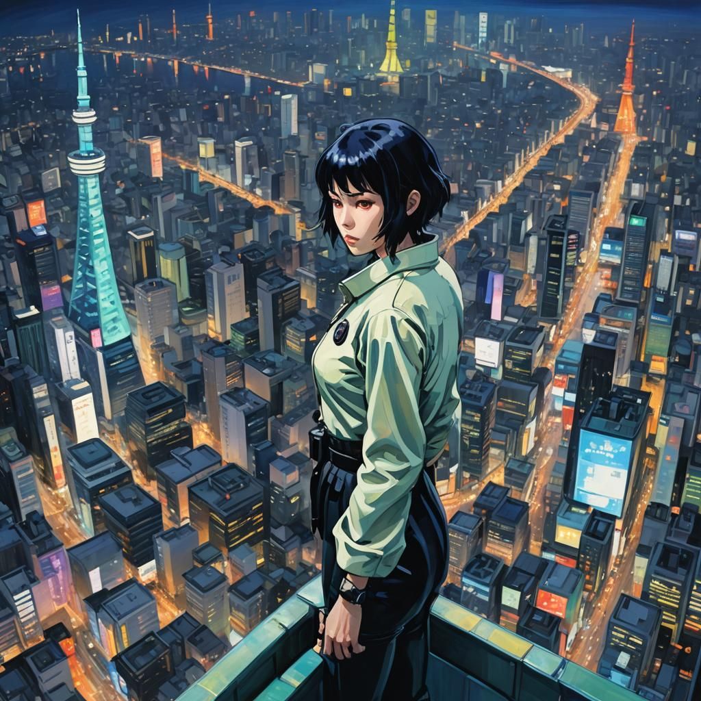 Kusanagi Motoko, watching from the top of SKYTREE, in the Tokyo night, looking for emergency occurrences that require he...