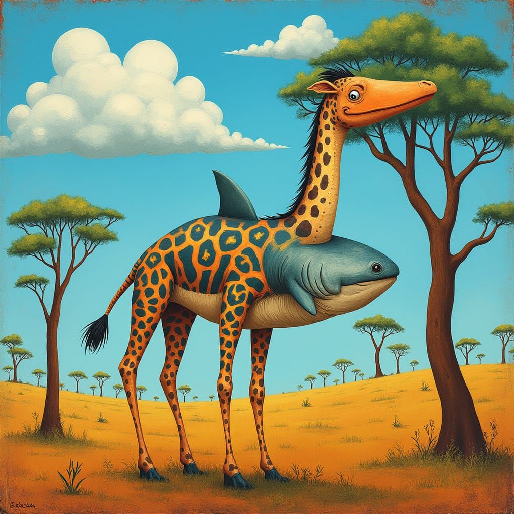 Whimsical Savannah Creature with Shark Body and Giraffe Legs