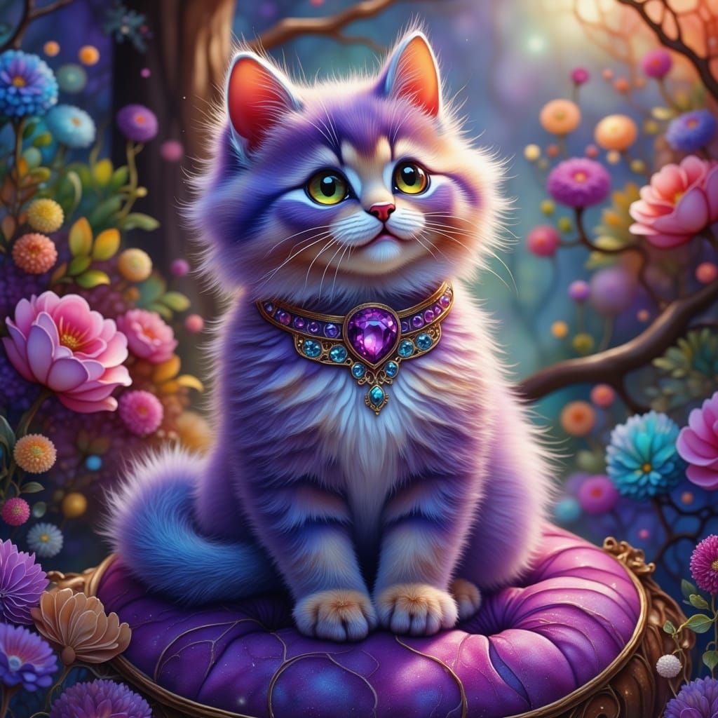 Regal Amethyst Encrusted Kitten in Whimsical Fantasy Landsca...