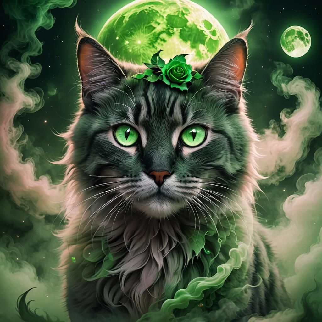Green-Themed Fantasy Art with Cat, Rose, and Moon