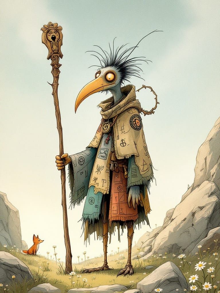 Bird Sage in Meadow, Whimsical Fantasy Illustration