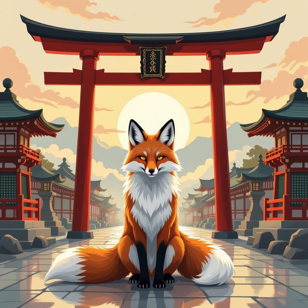 Majestic Kitsune Guardian at Dawn Shrine