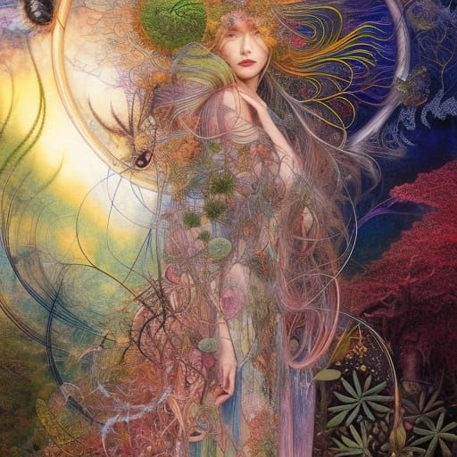 Sunset Wizard Woman in Vines: Intricate Digital Art